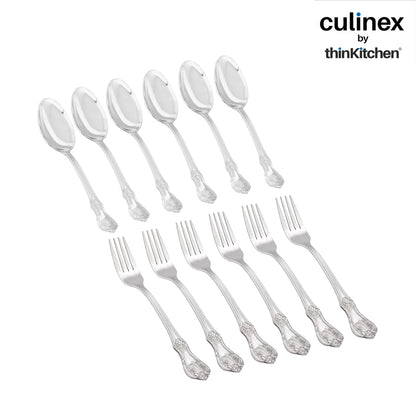 18/8 Premium Stainless Steel 7.6" Table Fork & Spoon Cutlery Set of 12, Fest Series| Rustproof Flatware By thinKitchen