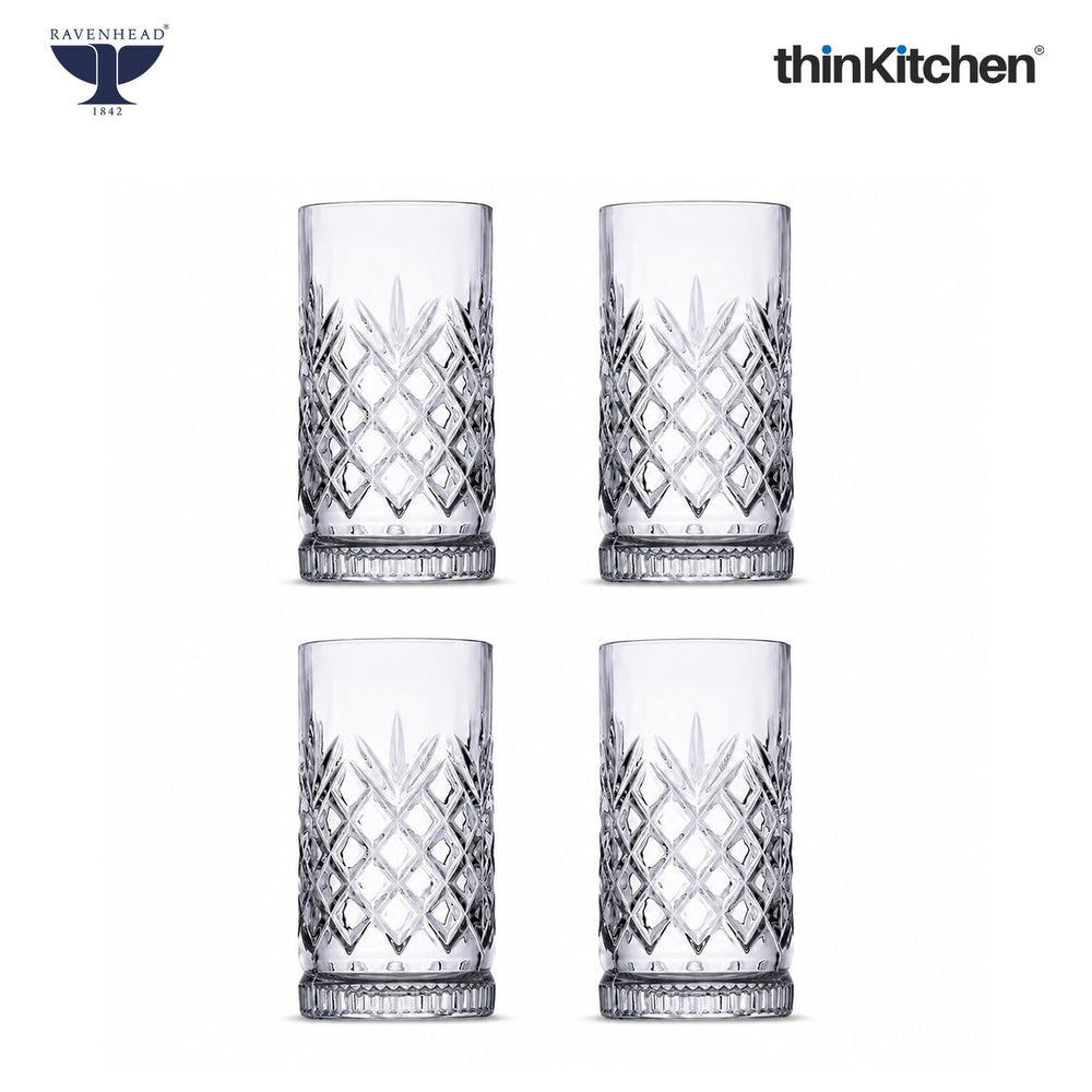 Ravenhead Premium International Eton Hiball Glasses, Set of 4, 450ML | Tall Highball Cocktail & Juice Glasses, 450ml | Elegant Glassware for Juice, Cocktails & Refreshing Drinks | Crafted in UK
