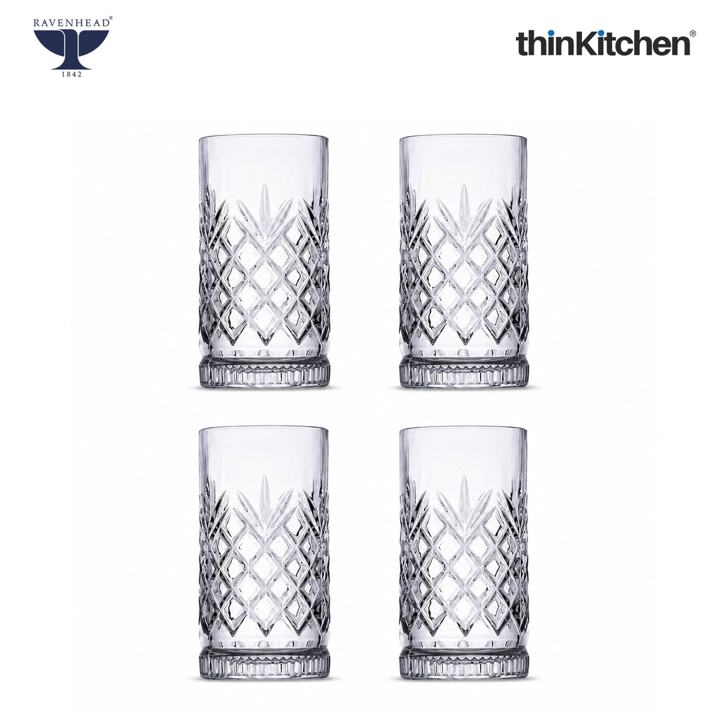 Ravenhead Premium International Eton Hiball Glasses, Set of 4, 450ML | Tall Highball Cocktail & Juice Glasses, 450ml | Elegant Glassware for Juice, Cocktails & Refreshing Drinks | Crafted in UK