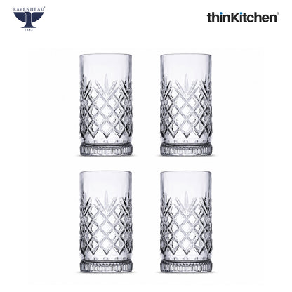 Ravenhead Premium International Eton Hiball Glasses, Set of 4, 450ML | Tall Highball Cocktail & Juice Glasses, 450ml | Elegant Glassware for Juice, Cocktails & Refreshing Drinks | Crafted in UK
