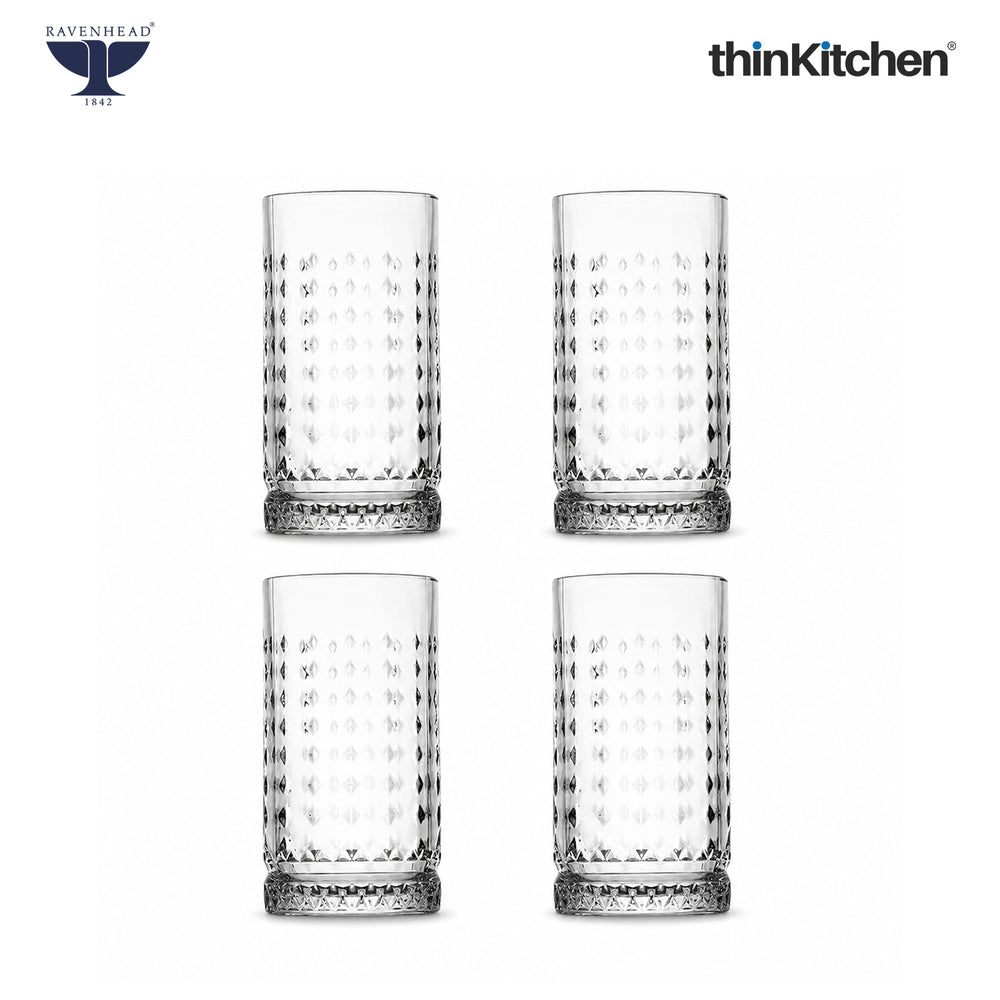 Ravenhead Premium International Oxbridge Hiball Glasses Set of 4 Tall Tumblers, 450ml | Elegant Highball Glass Set for Water, Juice, Cocktails & Drinks | Crafted in UK