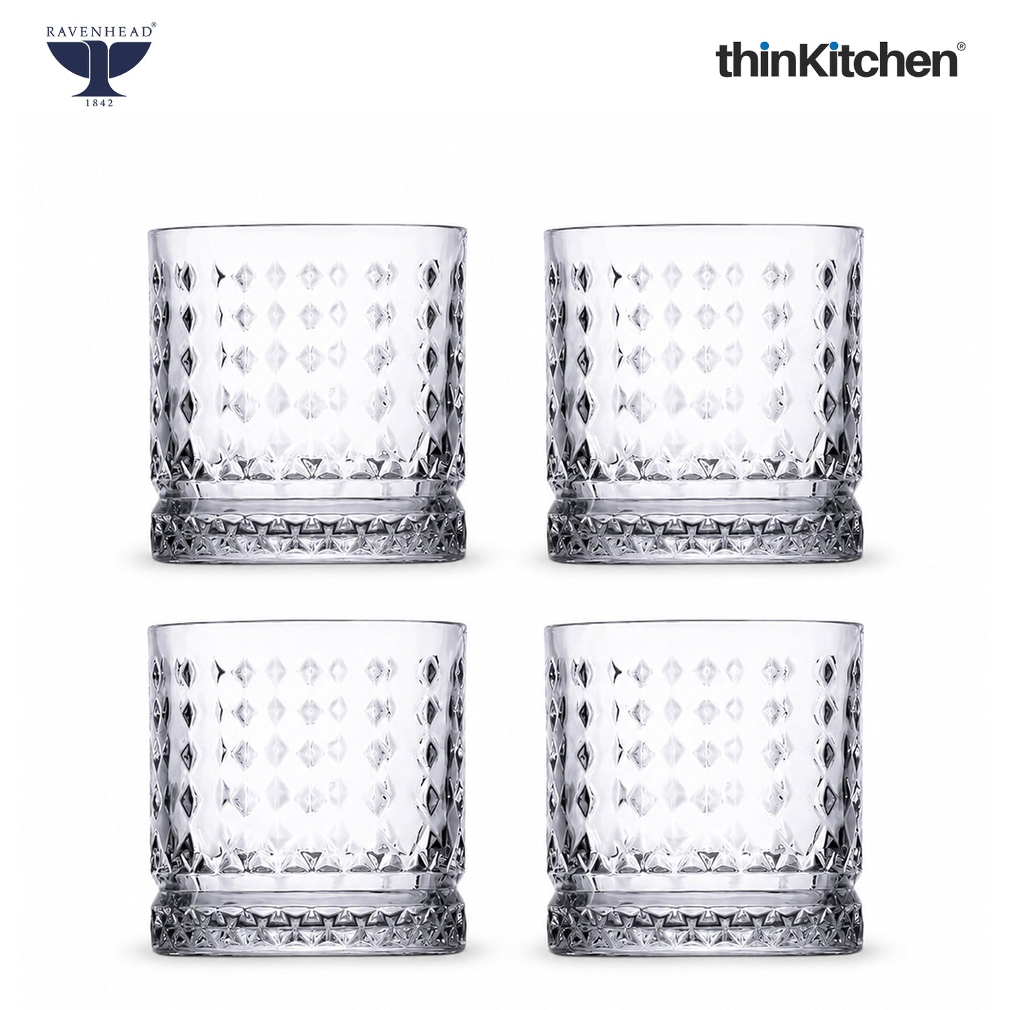 Ravenhead Oxbridge Premium International Whiskey & Water Glass Set – Set of 4 Mixer Glasses, 370ml – Luxury Barware for Whisky, Cocktails & Daily Use