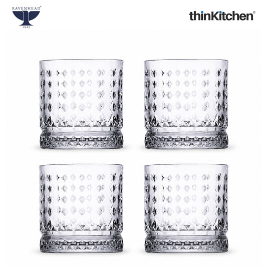 Ravenhead Oxbridge Premium International Whiskey & Water Glass Set – Set of 4 Mixer Glasses, 370ml – Luxury Barware for Whisky, Cocktails & Daily Use