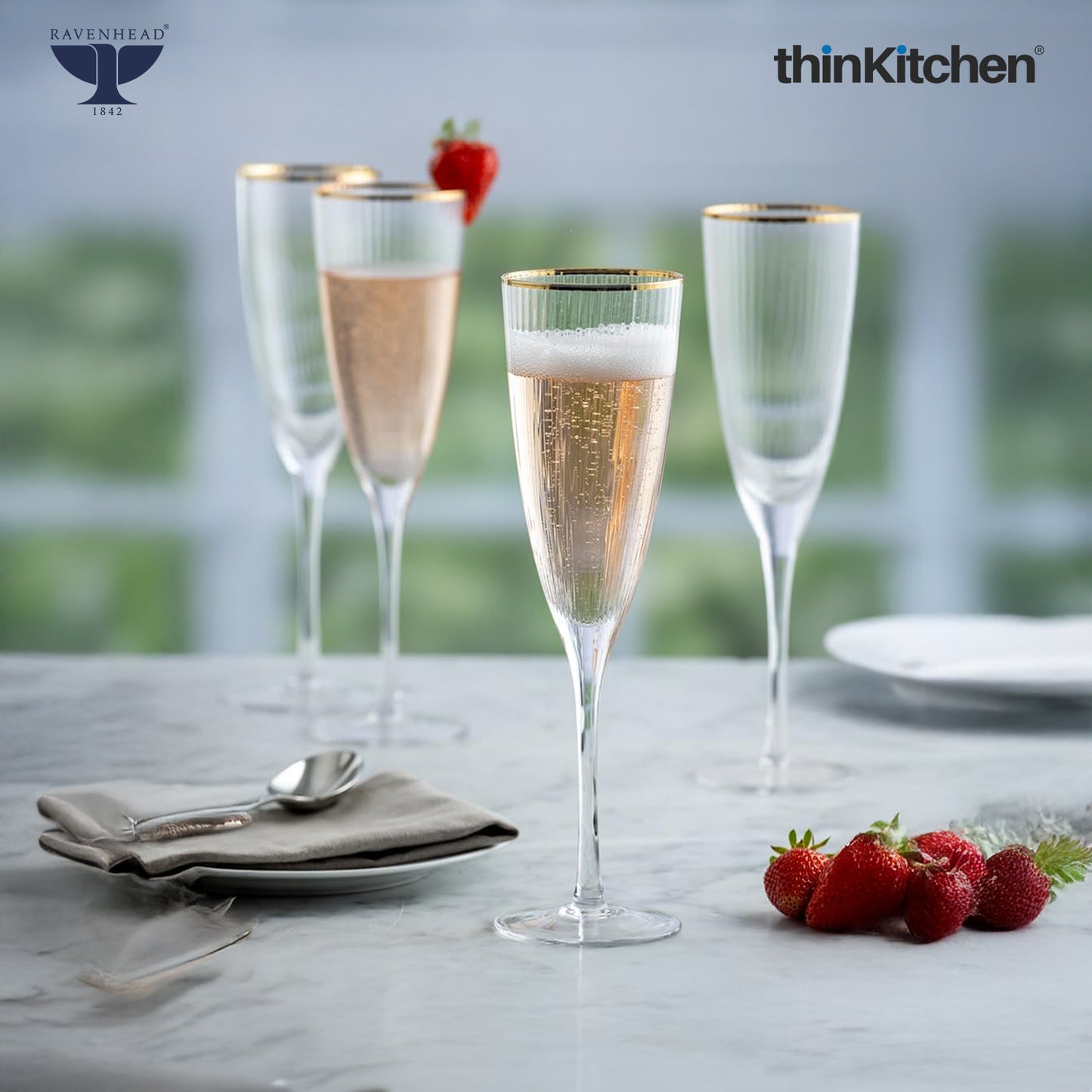 Ravenhead International Premium Roma Flute Glasses Set of 4, 330ml | Tall Tulip-Shaped Champagne Flutes for Cocktails, Mocktails, Juice & Wine | Fluted Glassware for Home Bar & Gifting,Crafted in UK