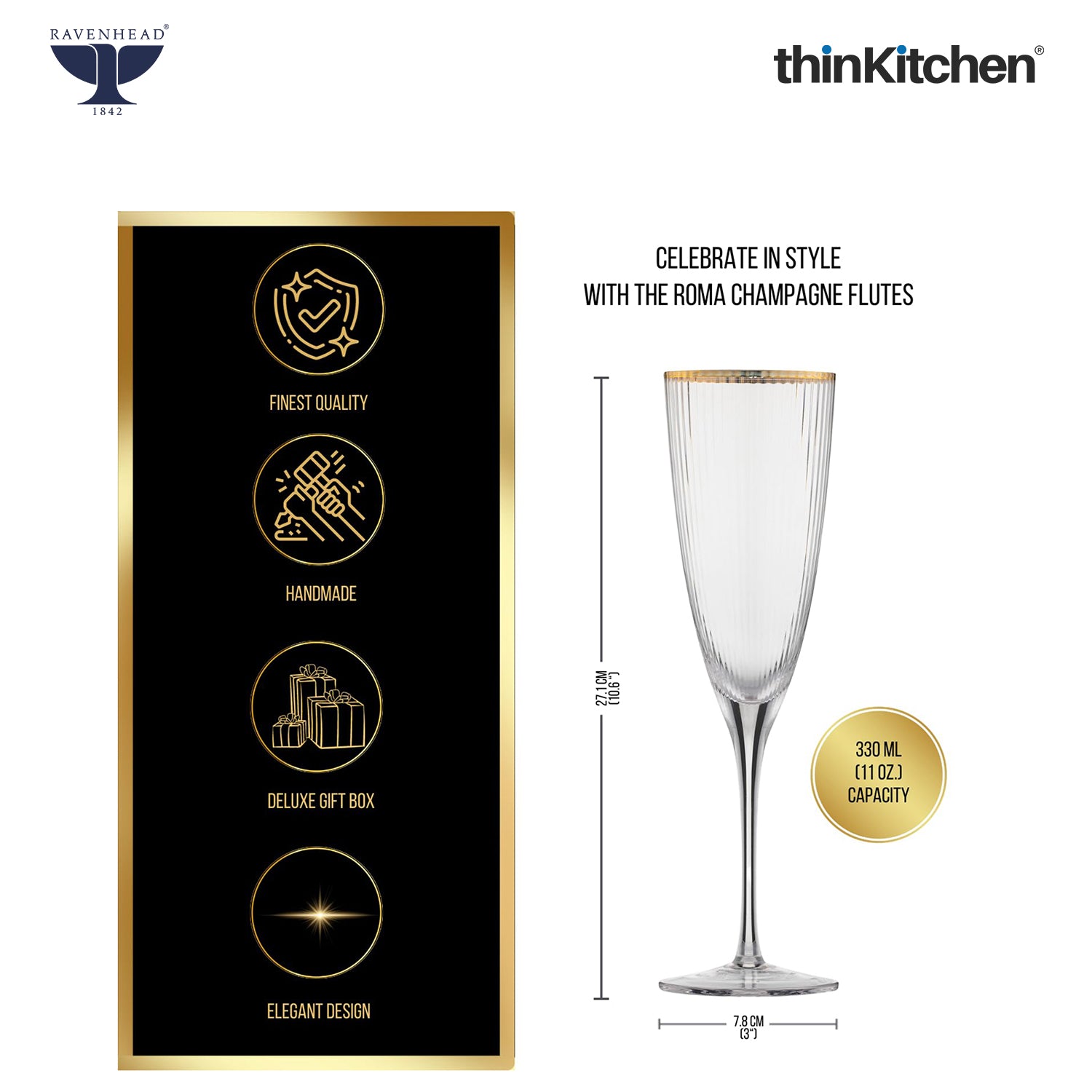 Ravenhead International Premium Roma Flute Glasses Set of 4, 330ml | Tall Tulip-Shaped Champagne Flutes for Cocktails, Mocktails, Juice & Wine | Fluted Glassware for Home Bar & Gifting,Crafted in UK - 6