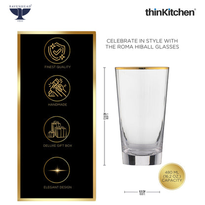 Ravenhead Premium International Hiball Glasses Set of 4, 480ml | Tall Tumblers, Elegant Lightweight Drinkware for Water, Juice, Cocktails & Beverages | Crafted in UK