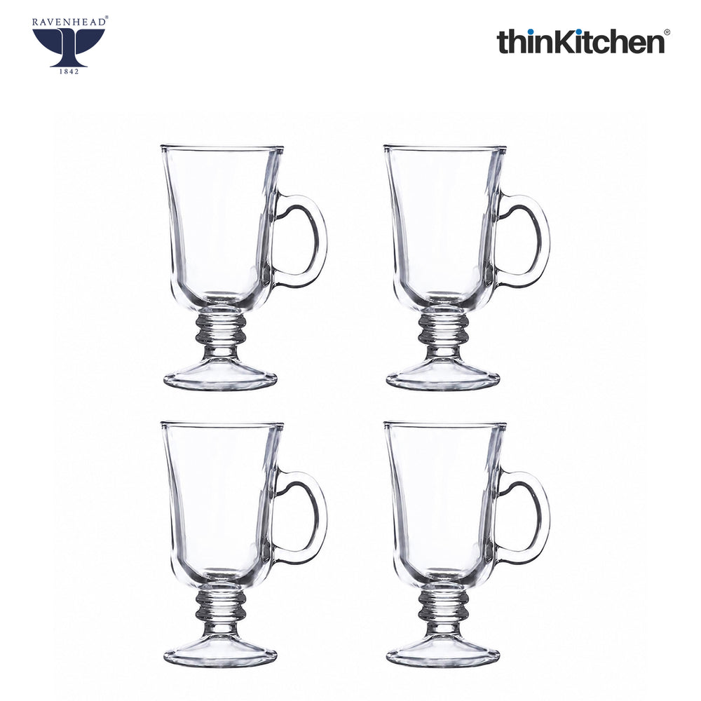Ravenhead Premium Irish Stemmed Latte Cups Set of 4, 240ml | Clear Transparent Glass Mugs with Handle for Cold Coffee, Cappuccino, Milkshakes & Drinks | Crafted in UK