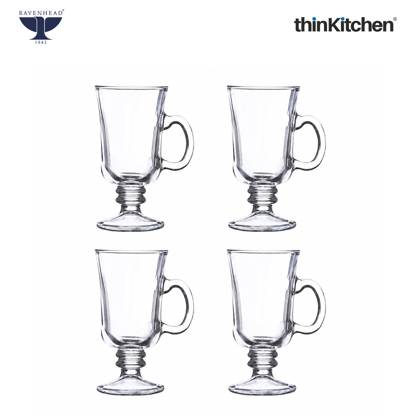 Ravenhead Premium Irish Stemmed Latte Cups Set of 4, 240ml | Clear Transparent Glass Mugs with Handle for Cold Coffee, Cappuccino, Milkshakes & Drinks | Crafted in UK
