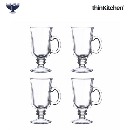 Ravenhead Premium Irish Stemmed Latte Cups Set of 4, 240ml | Clear Transparent Glass Mugs with Handle for Cold Coffee, Cappuccino, Milkshakes & Drinks | Crafted in UK