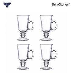 Ravenhead Premium Irish Stemmed Latte Cups Set of 4, 240ml | Clear Transparent Glass Mugs with Handle for Cold Coffee, Cappuccino, Milkshakes & Drinks | Crafted in UK