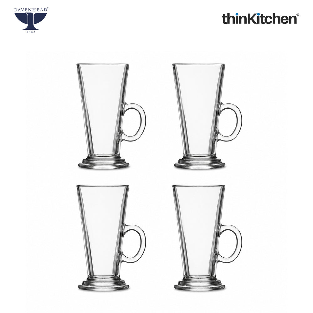 Ravenhead Premium Latte Glasses, Set of 4, 240ml | Transparent Coffee Glasses with Handle for Milkshakes, Cold Coffee & Aesthetic Juice Mugs | Crafted in UK