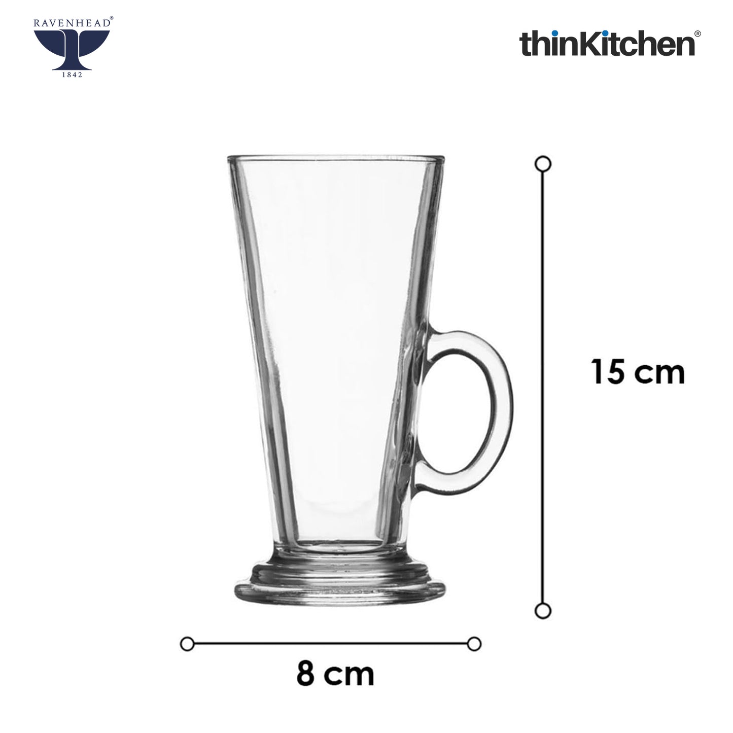 Ravenhead Premium Latte Glasses, Set of 4, 240ml | Transparent Coffee Glasses with Handle for Milkshakes, Cold Coffee & Aesthetic Juice Mugs | Crafted in UK
