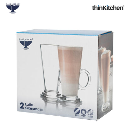Ravenhead Premium Latte Glasses, Set of 4, 240ml | Transparent Coffee Glasses with Handle for Milkshakes, Cold Coffee & Aesthetic Juice Mugs | Crafted in UK