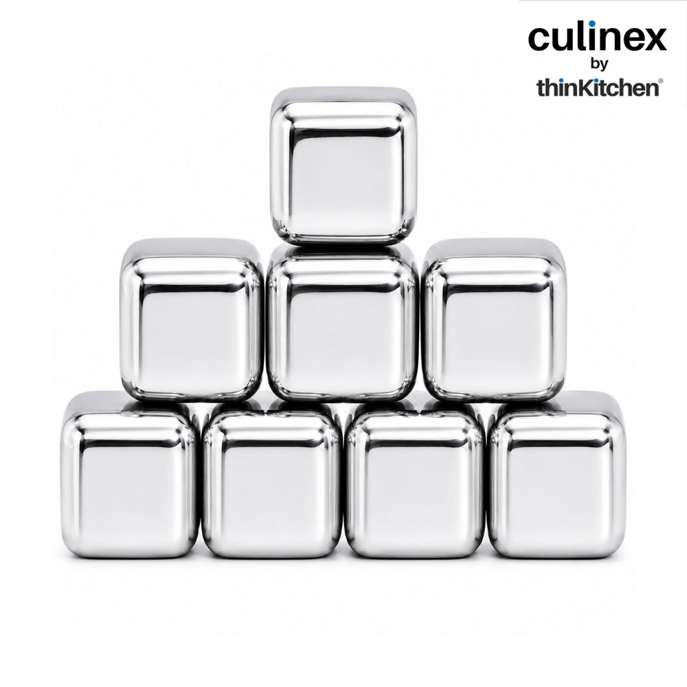 Culinex Premium Stainless Steel Reusable Chilling Ice Cube Stones Set of 8 for Drinks, Cocktails, Mocktails, Whisky, Juices | By thinKitchen