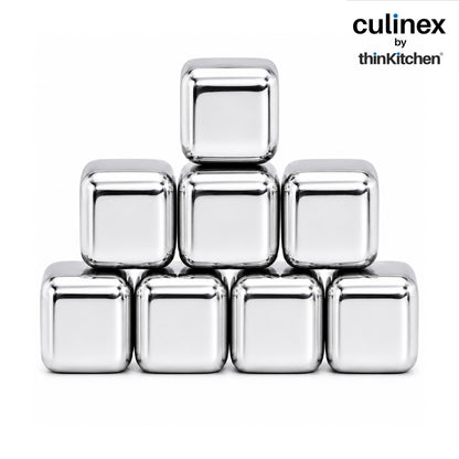 Culinex Premium Stainless Steel Reusable Chilling Ice Cube Stones Set of 8 for Drinks, Cocktails, Mocktails, Whisky, Juices | By thinKitchen