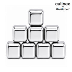 Culinex Premium Stainless Steel Reusable Chilling Ice Cube Stones Set of 8 for Drinks, Cocktails, Mocktails, Whisky, Juices | By thinKitchen