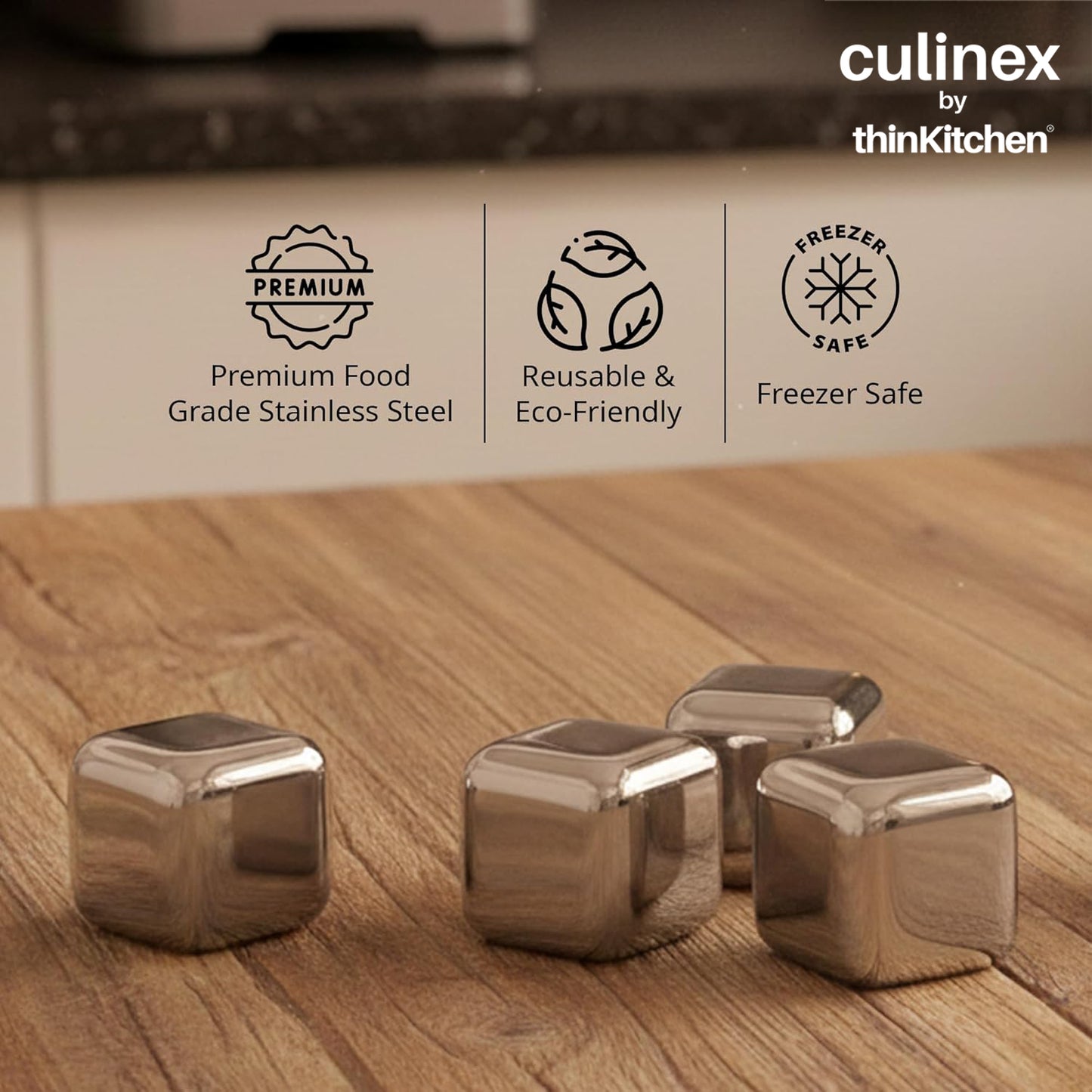 Culinex Premium Stainless Steel Reusable Chilling Ice Cube Stones Set of 8 for Drinks, Cocktails, Mocktails, Whisky, Juices | By thinKitchen