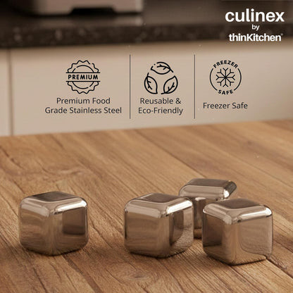 Culinex Premium Stainless Steel Reusable Chilling Ice Cube Stones Set of 8 for Drinks, Cocktails, Mocktails, Whisky, Juices | By thinKitchen