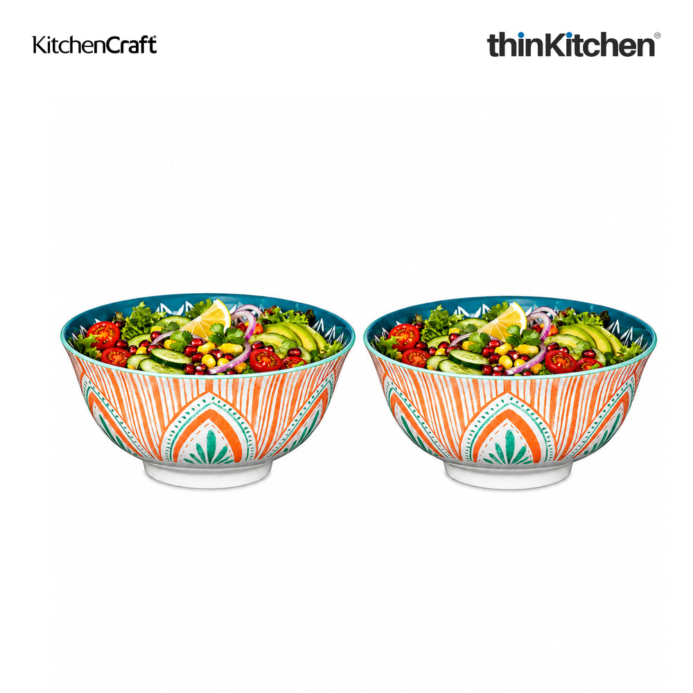 KitchenCraft Premium Stoneware 16 cm Serving Bowl Set of 2 for Soups, Cereal, Noodles, Snacks - Colorful Folk Pattern | Wide Rim, Microwave & Dishwasher Safe | Designed in UK