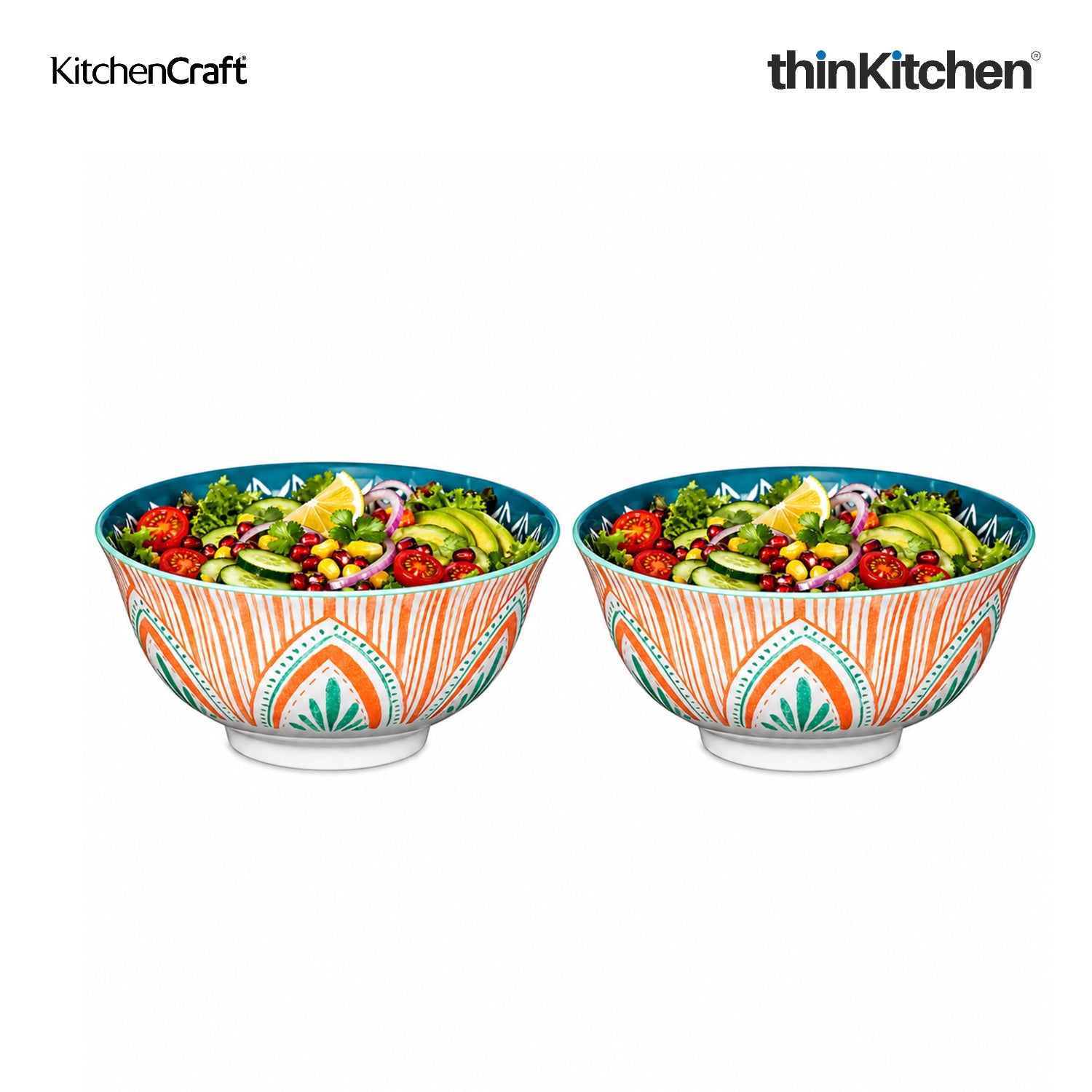 KitchenCraft Premium Stoneware 16 cm Serving Bowl Set of 2 for Soups, Cereal, Noodles, Snacks - Colorful Folk Pattern | Wide Rim, Microwave & Dishwasher Safe | Designed in UK - 1