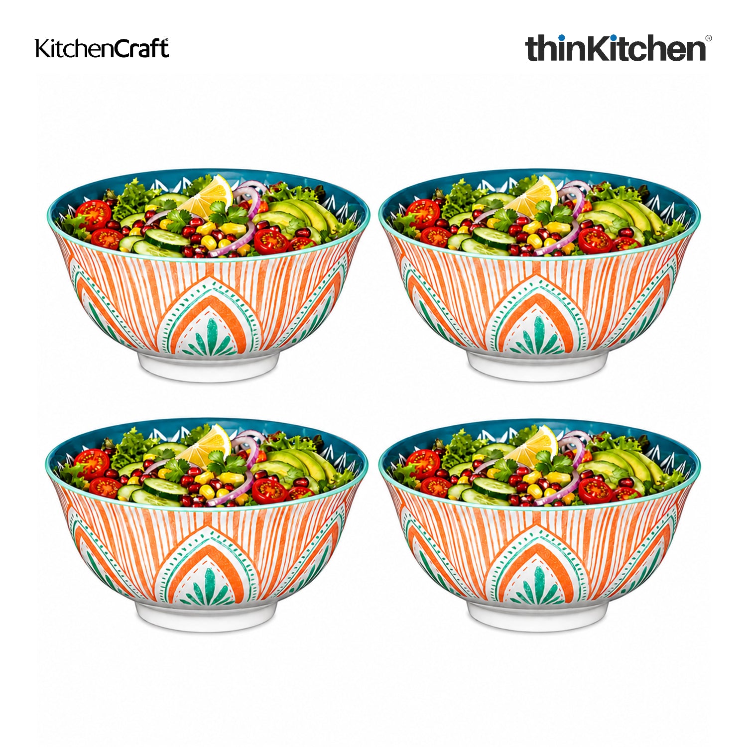 KitchenCraft Premium Stoneware 16 cm Set of 4 Serving Bowl for Soups, Cereal, Noodles, Snacks - Colorful Folk Pattern | Wide Rim, Microwave & Dishwasher Safe | Designed in UK - 1