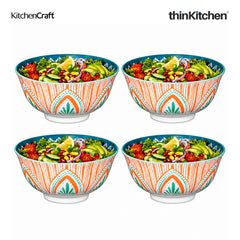 KitchenCraft Premium Stoneware 16 cm Set of 4 Serving Bowl for Soups, Cereal, Noodles, Snacks - Colorful Folk Pattern | Wide Rim, Microwave & Dishwasher Safe | Designed in UK