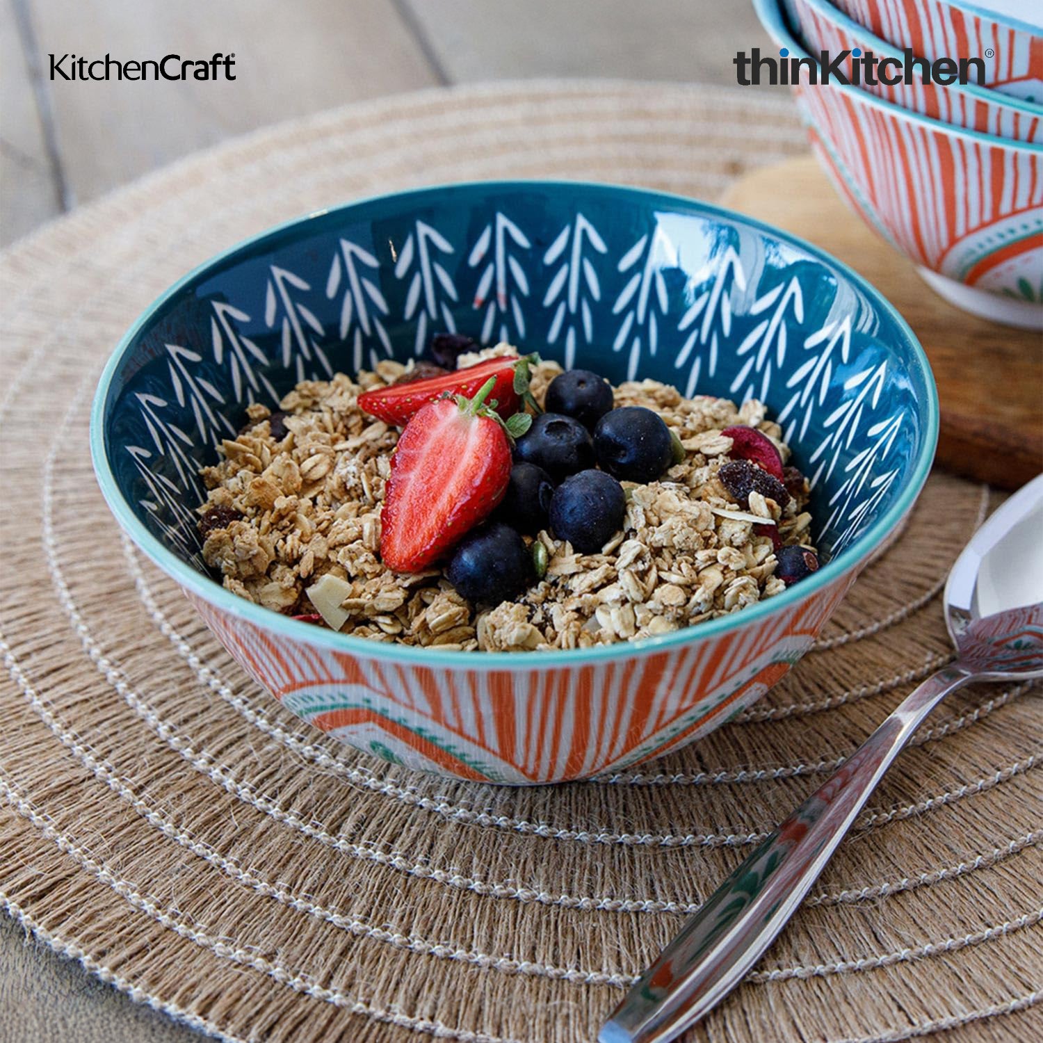 KitchenCraft Premium Stoneware 16 cm Set of 4 Serving Bowl for Soups, Cereal, Noodles, Snacks - Colorful Folk Pattern | Wide Rim, Microwave & Dishwasher Safe | Designed in UK - 3