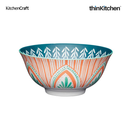 KitchenCraft Premium Stoneware 16 cm Set of 4 Serving Bowl for Soups, Cereal, Noodles, Snacks - Colorful Folk Pattern | Wide Rim, Microwave & Dishwasher Safe | Designed in UK