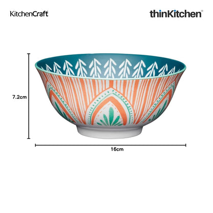 KitchenCraft Premium Stoneware 16 cm Set of 4 Serving Bowl for Soups, Cereal, Noodles, Snacks - Colorful Folk Pattern | Wide Rim, Microwave & Dishwasher Safe | Designed in UK