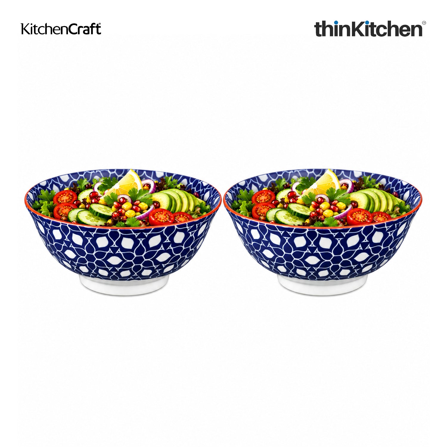 KitchenCraft Premium Stoneware 16 cm Serving Bowl Set of 2 for Soups, Cereal, Noodles, Snacks - Geometric Print | Wide Rim, Microwave & Dishwasher Safe | Designed in UK - 1