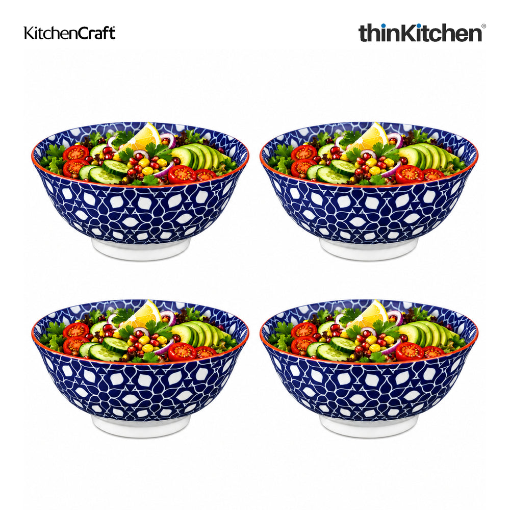KitchenCraft Premium Stoneware 16 cm Serving Bowl Set of 4 for Soups, Cereal, Noodles, Snacks - Geometric Print | Wide Rim, Microwave & Dishwasher Safe | Designed in UK