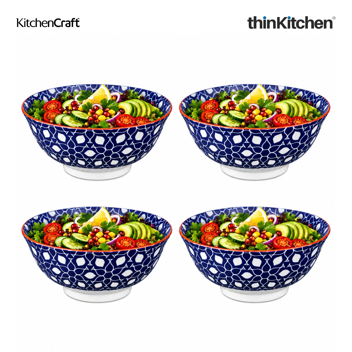 KitchenCraft Premium Stoneware 16 cm Serving Bowl Set of 4 for Soups, Cereal, Noodles, Snacks - Geometric Print | Wide Rim, Microwave & Dishwasher Safe | Designed in UK - 1