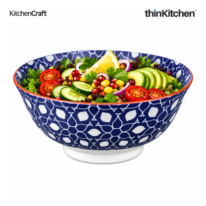 KitchenCraft Premium Stoneware 16 cm Serving Bowl Set of 4 for Soups, Cereal, Noodles, Snacks - Geometric Print | Wide Rim, Microwave & Dishwasher Safe | Designed in UK