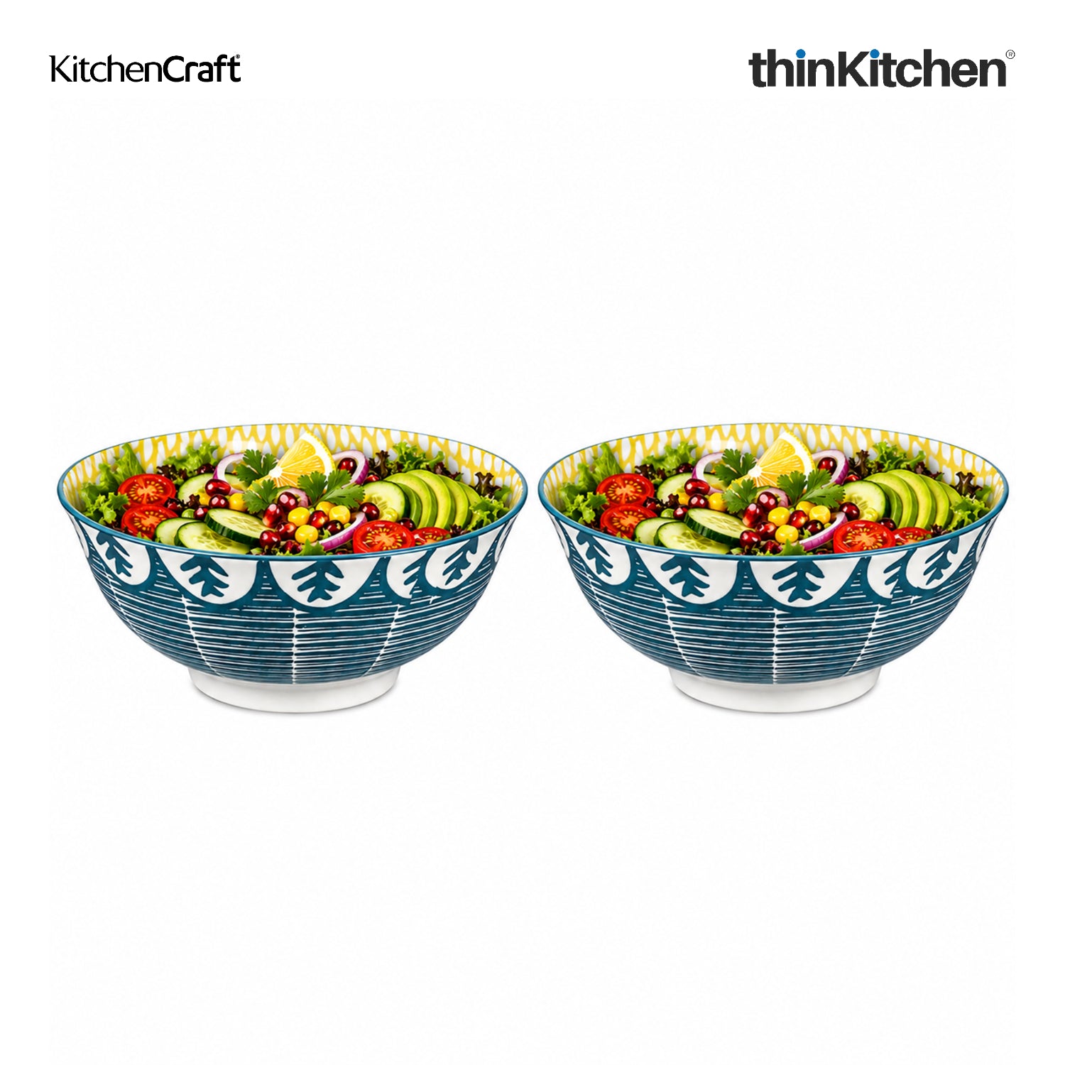 KitchenCraft Premium Stoneware 16 cm Serving Bowl Set of 2 for Soups, Cereal, Noodles, Snacks - Leafy Green Print | Wide Rim, Microwave & Dishwasher Safe | Designed in UK - 1