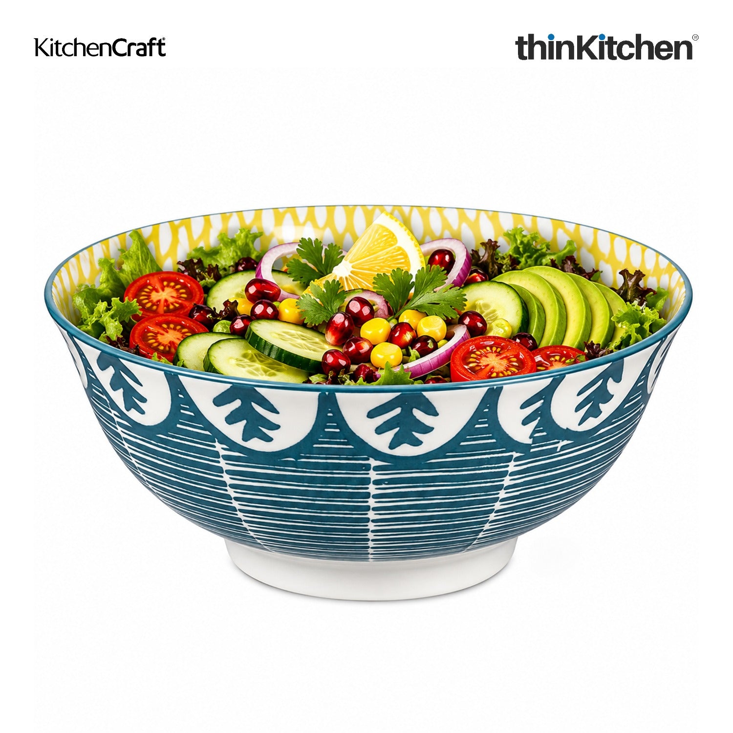 KitchenCraft Premium Stoneware 16 cm Serving Bowl Set of 4 for Soups, Cereal, Noodles, Snacks - Leafy Green Print | Wide Rim, Microwave & Dishwasher Safe | Designed in UK - 4