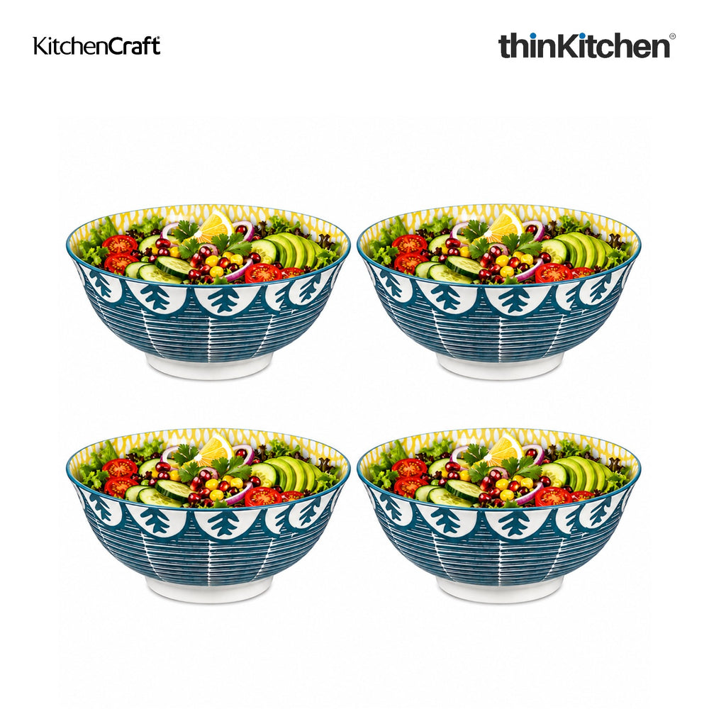 KitchenCraft Premium Stoneware 16 cm Serving Bowl Set of 4 for Soups, Cereal, Noodles, Snacks - Leafy Green Print | Wide Rim, Microwave & Dishwasher Safe | Designed in UK