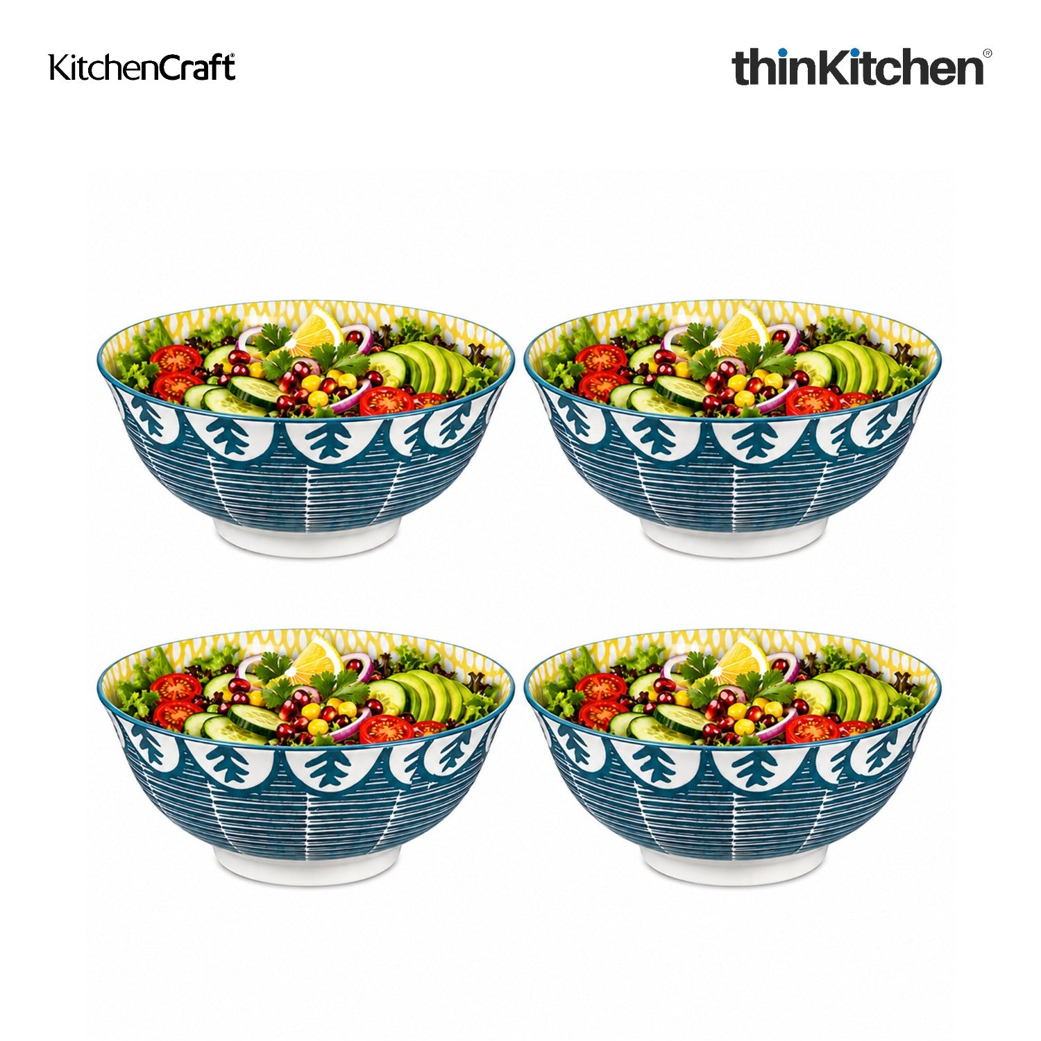 KitchenCraft Premium Stoneware 16 cm Serving Bowl Set of 4 for Soups, Cereal, Noodles, Snacks - Leafy Green Print | Wide Rim, Microwave & Dishwasher Safe | Designed in UK - 1