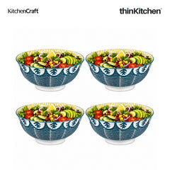 KitchenCraft Premium Stoneware 16 cm Serving Bowl Set of 4 for Soups, Cereal, Noodles, Snacks - Leafy Green Print | Wide Rim, Microwave & Dishwasher Safe | Designed in UK