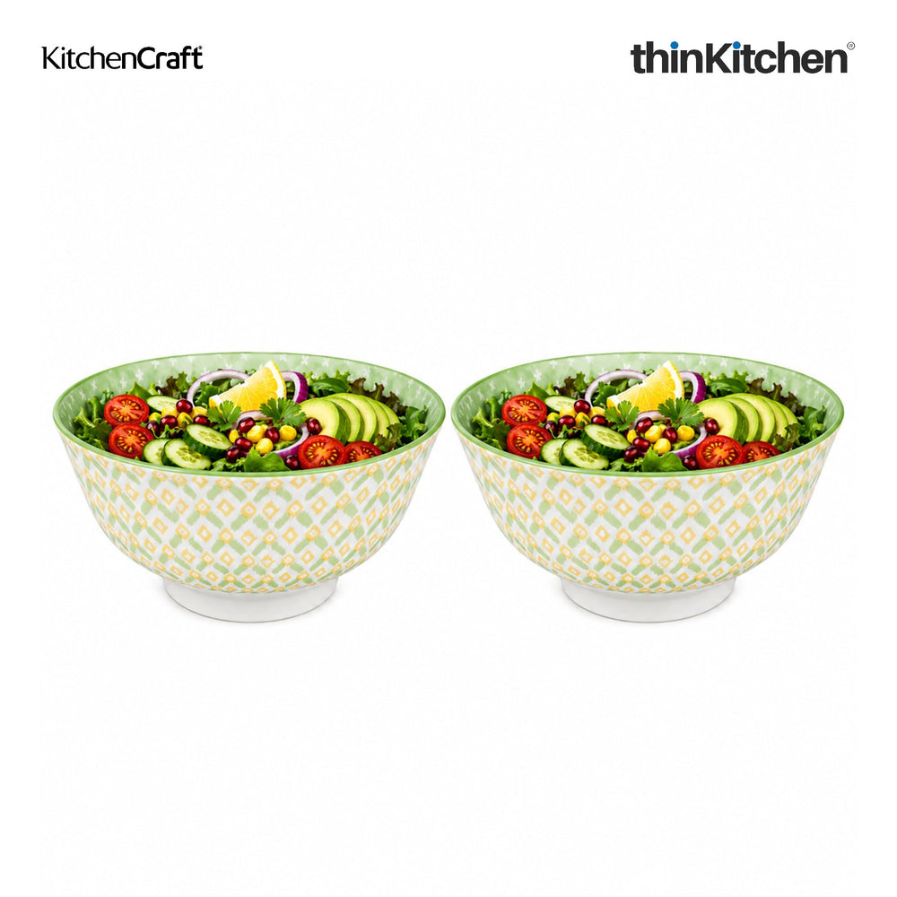 KitchenCraft Premium Stoneware 16 cm Serving Bowl Set of 2 for Soups, Cereal, Noodles, Snacks - Green Geometric | Wide Rim, Microwave & Dishwasher Safe | Designed in UK