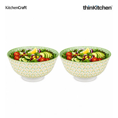 KitchenCraft Premium Stoneware 16 cm Serving Bowl Set of 2 for Soups, Cereal, Noodles, Snacks - Green Geometric | Wide Rim, Microwave & Dishwasher Safe | Designed in UK