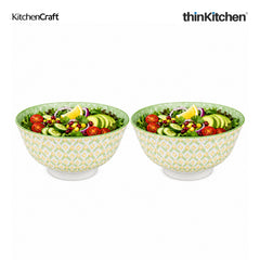 KitchenCraft Premium Stoneware 16 cm Serving Bowl Set of 2 for Soups, Cereal, Noodles, Snacks - Green Geometric | Wide Rim, Microwave & Dishwasher Safe | Designed in UK