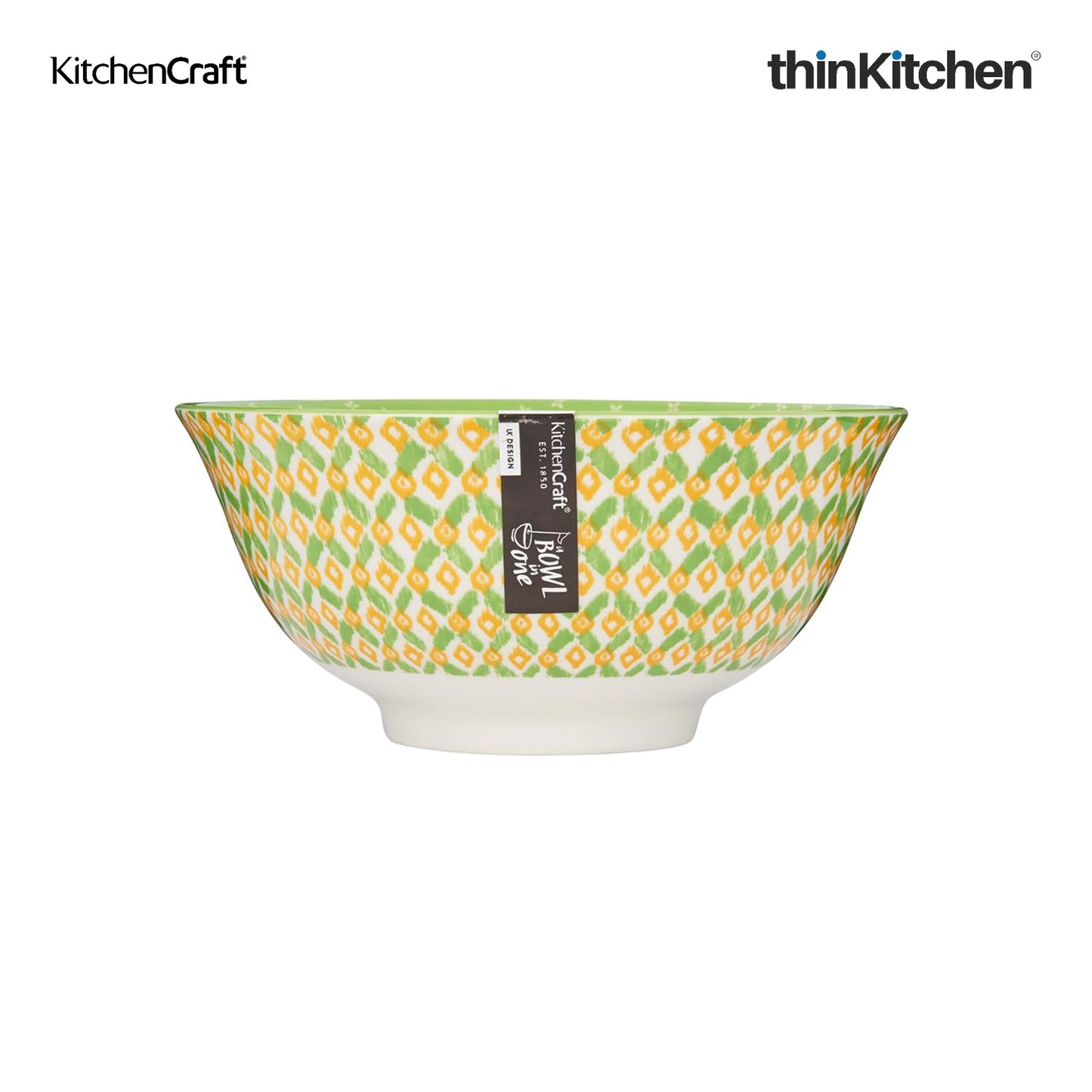 KitchenCraft Premium Stoneware 16 cm Serving Bowl Set of 2 for Soups, Cereal, Noodles, Snacks - Green Geometric | Wide Rim, Microwave & Dishwasher Safe | Designed in UK