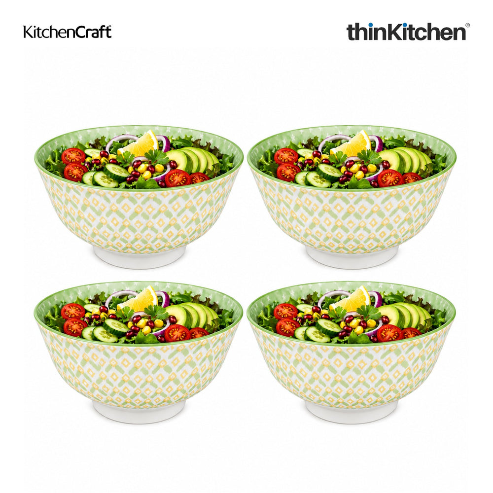 KitchenCraft Premium Stoneware 16 cm Serving Bowl Set of 4 for Soups, Cereal, Noodles, Snacks - Green Geometric | Wide Rim, Microwave & Dishwasher Safe | Designed in UK