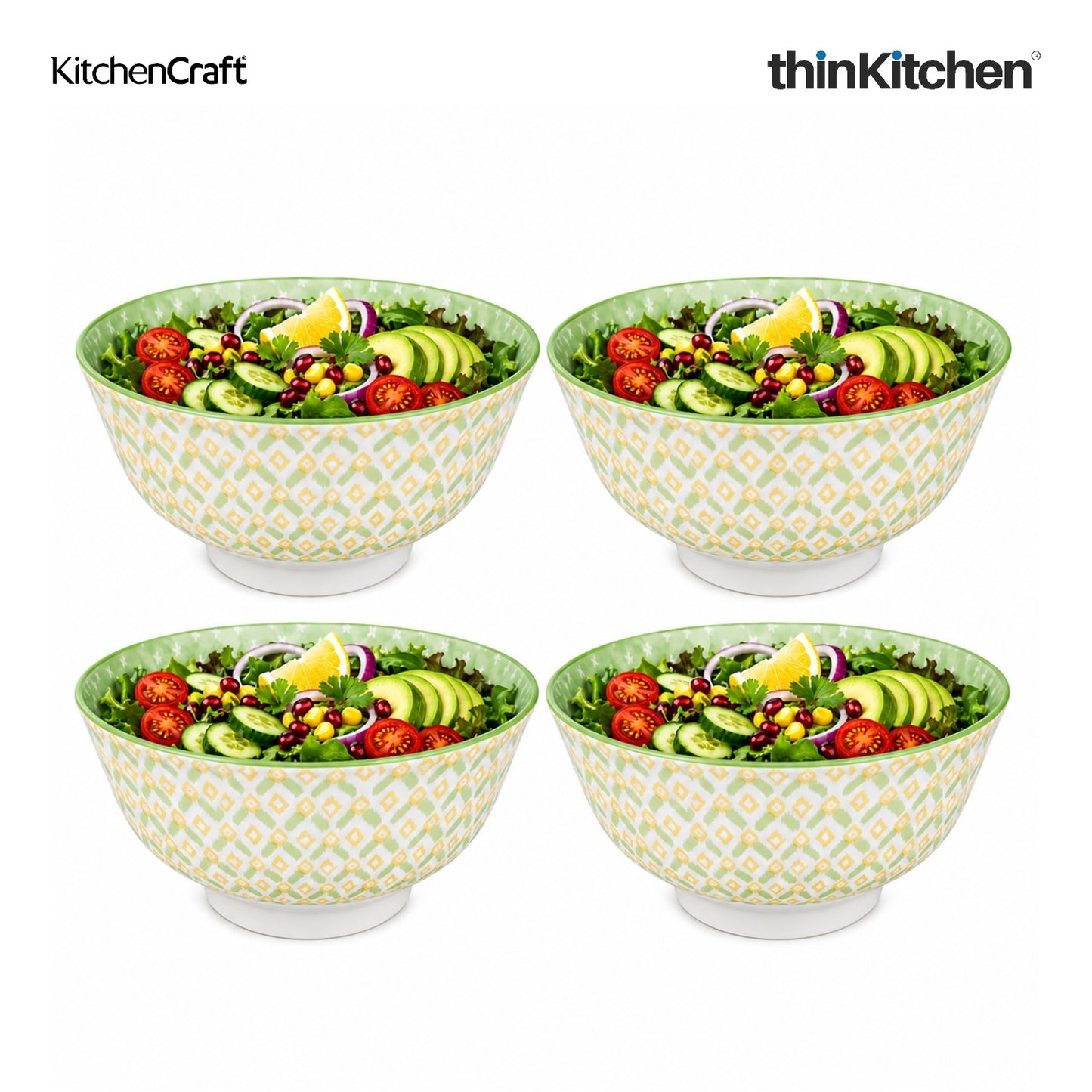 KitchenCraft Premium Stoneware 16 cm Serving Bowl Set of 4 for Soups, Cereal, Noodles, Snacks - Green Geometric | Wide Rim, Microwave & Dishwasher Safe | Designed in UK