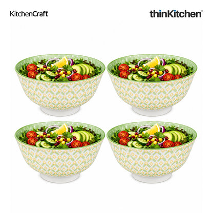 KitchenCraft Premium Stoneware 16 cm Serving Bowl Set of 4 for Soups, Cereal, Noodles, Snacks - Green Geometric | Wide Rim, Microwave & Dishwasher Safe | Designed in UK