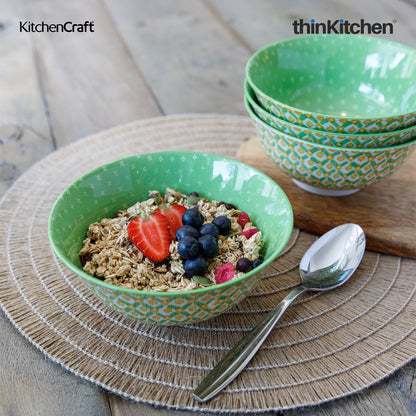 KitchenCraft Premium Stoneware 16 cm Serving Bowl Set of 4 for Soups, Cereal, Noodles, Snacks - Green Geometric | Wide Rim, Microwave & Dishwasher Safe | Designed in UK