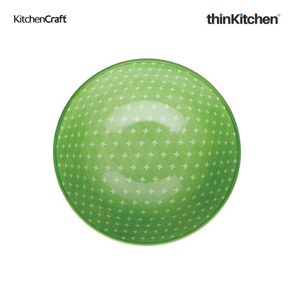 KitchenCraft Premium Stoneware 16 cm Serving Bowl Set of 4 for Soups, Cereal, Noodles, Snacks - Green Geometric | Wide Rim, Microwave & Dishwasher Safe | Designed in UK