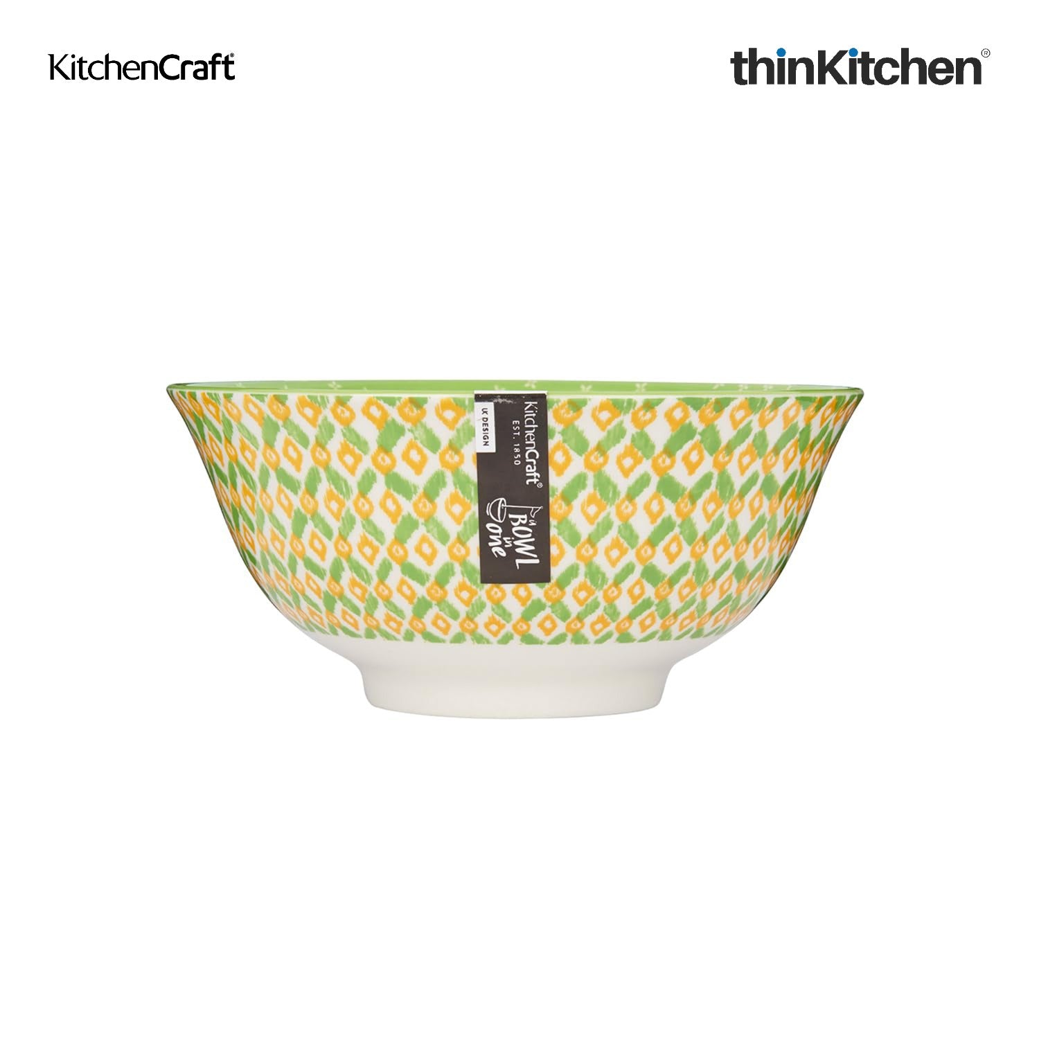 KitchenCraft Premium Stoneware 16 cm Serving Bowl Set of 4 for Soups, Cereal, Noodles, Snacks - Green Geometric | Wide Rim, Microwave & Dishwasher Safe | Designed in UK - 4