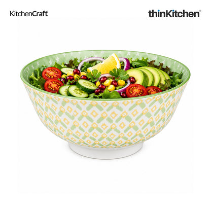 KitchenCraft Premium Stoneware 16 cm Serving Bowl Set of 4 for Soups, Cereal, Noodles, Snacks - Green Geometric | Wide Rim, Microwave & Dishwasher Safe | Designed in UK