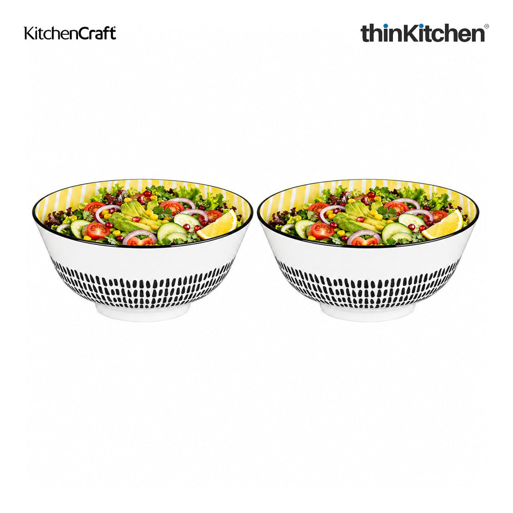 KitchenCraft Premium Stoneware 16cm Serving Bowl Set of 2 for Soups, Cereal, Noodles, Snacks - Yellow Stripe | Wide Rim, Microwave & Dishwasher Safe | Designed in UK